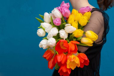 Elinde büyük bir buket renkli lale tutan bir kız. Lagün renginde doku arkaplanı.