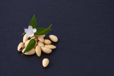 Küçük bir demet soyulmuş badem ve siyah arka planda çiçek açan bir demet badem.