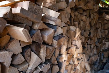 Kış için hazırlanmış odun, bahçedeki ahşap bir barakanın altında katlanmış.