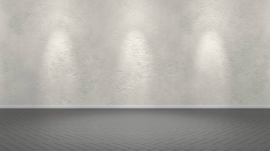 Siyah parke tahtalı aydınlatma odası ve 8K yüksek çözünürlüklü beyaz beton duvar dairesi.