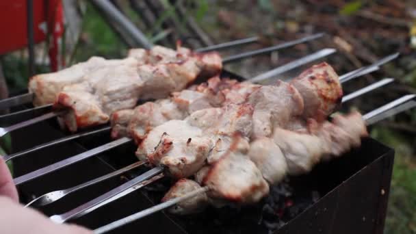 Processo Cottura Della Carne Sui Carboni Primo Piano Uomo Che — Video Stock