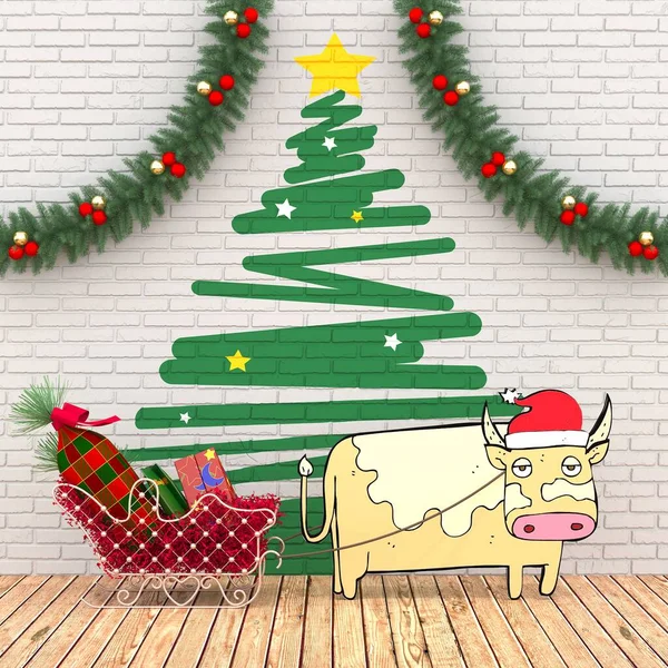 2021 year of the bull. New Year tree, bull with sleigh on the background of a white brick wall. 3d render