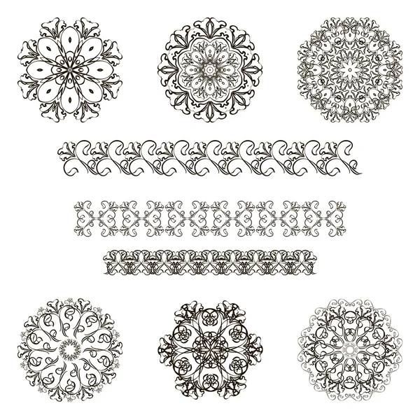 Set of linear circular patterns and borders — Stock Vector