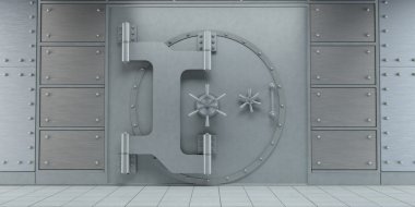 3D render kapalı büyük banka tonoz kapılar açık görünüm