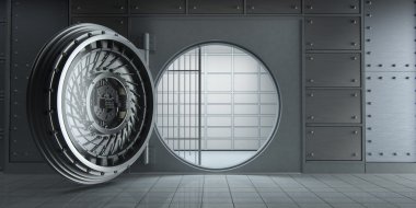 3D render bir açılan büyük boş banka tonoz Önden Görünüm