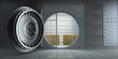 bir açılan büyük banka kasasındaki altın külçelerini önden görünümü tam 3D render