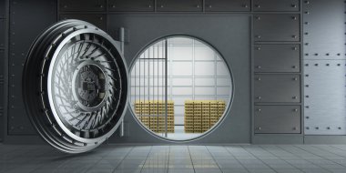 3d rendering of an opened huge bank vault full of gold bars front view clipart