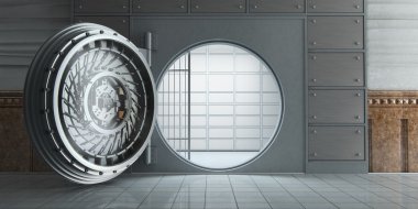 3D render bir açılan büyük boş banka tonoz Önden Görünüm