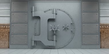 3D render kapalı büyük banka tonoz kapılar açık görünüm