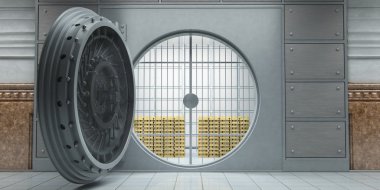 bir açılan büyük banka kasasındaki altın külçelerini önden görünümü tam 3D render