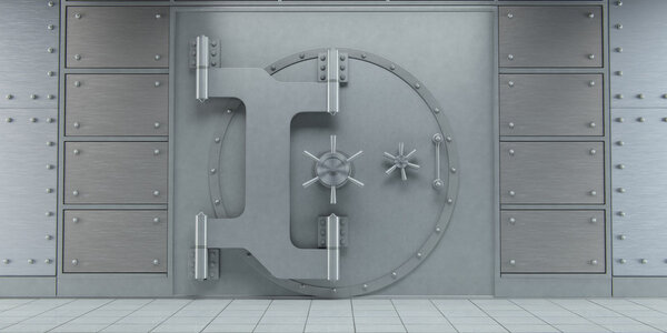 3D-рендеринг закрытых огромных дверей хранилища банка вид спереди
