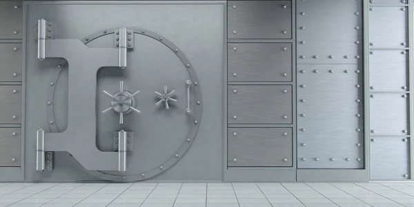 एक बंद विशाल बैंक वॉल्ट दरवाजे का 3 डी रेंडरिंग फ्रंट व्यू — स्टॉक फ़ोटो, इमेज