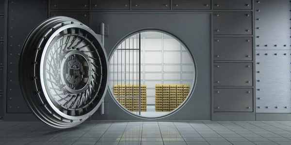 3d rendering of an opened huge bank vault full of gold bars front view — Stock Photo, Image