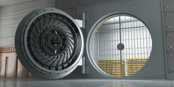 bir açılan büyük banka kasasındaki altın külçelerini perspektif görünümünü tam 3D render