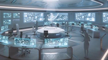 Modern, futuristic command center interior  with people silhouettes