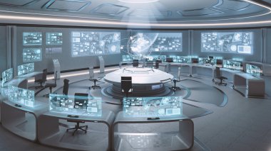 Empty, modern, futuristic command center interior clipart