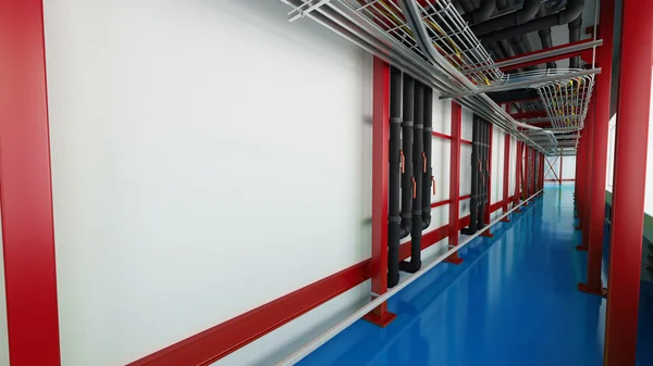 Industrial white wall and red structure long corridor in daylight — ストック写真