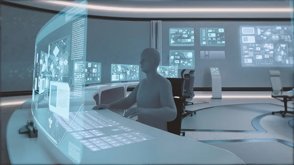 Modern, futuristic command center interior  with people silhouettes — Stok fotoğraf