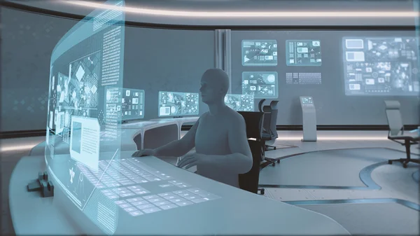 Modern, futuristic command center interior  with people silhouettes