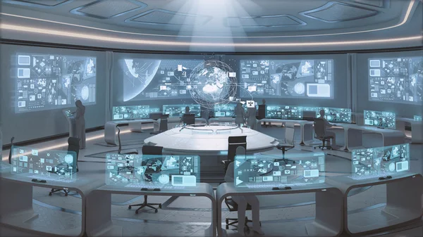 Interior moderno y futurista del centro de mando con siluetas de personas —  Fotos de Stock