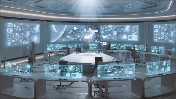 Modern, futuristic command center interior  with people silhouettes — Stock Fotó