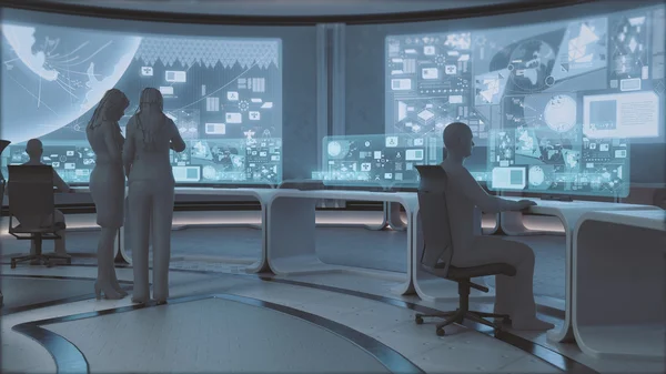 Modern, futuristic command center interior  with people silhouettes