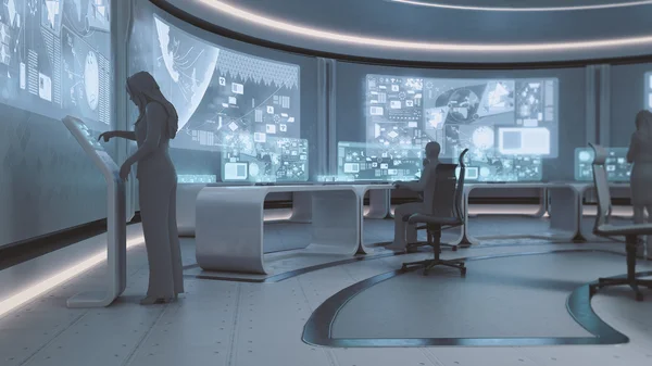 Interior pusat komando futuristik modern dengan siluet orang — Stok Foto