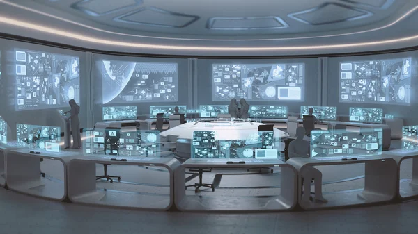 Modernes, futuristisches Kommandozentrale-Interieur mit Menschensilhouetten — Stockfoto