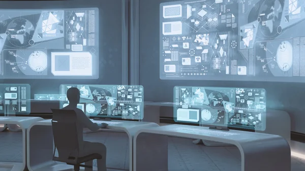 Modern, futuristic command center interior  with people silhouettes — Stockfoto