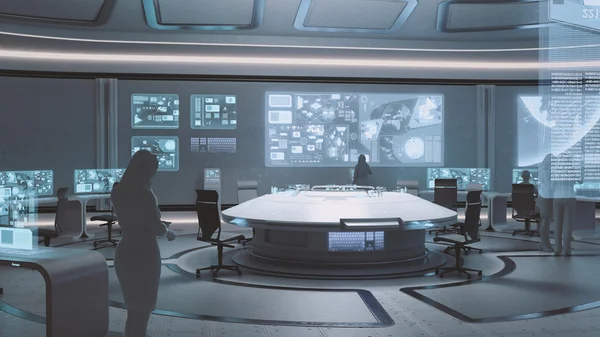 Modern, futuristic command center interior  with people silhouettes — Stockfoto