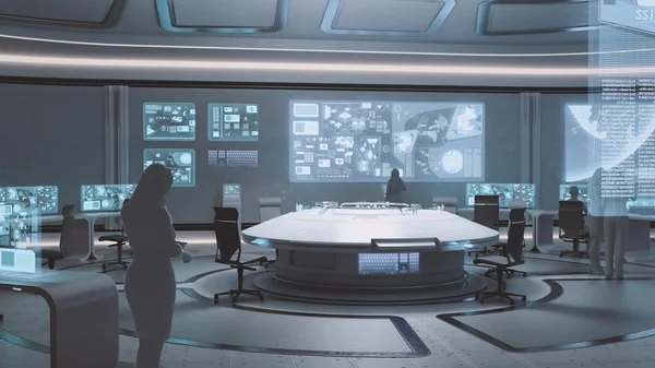 Modern, futuristic command center interior  with people silhouettes