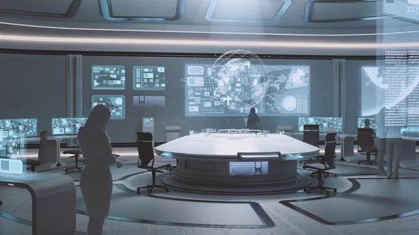 Modern, futuristic command center interior  with people silhouettes
