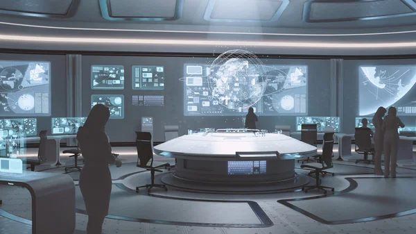 Modern, futuristic command center interior  with people silhouettes