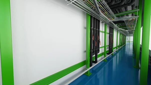 Industrial white wall and green structure long corridor in daylight — Stock Fotó