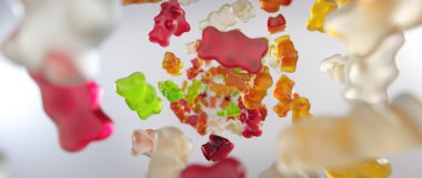 Transparent colorful sweet gummy bears falling background clipart