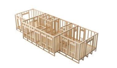 Yeni inşaat ev ahşap duvarlar ve beyaz arka plan üzerinde çerçeveleme flroor