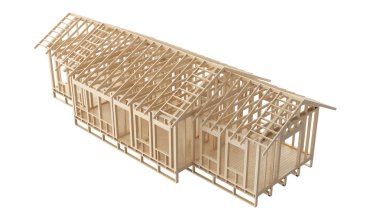 Yeni inşaat ev ahşap çerçeve beyaz arka plan üzerinde