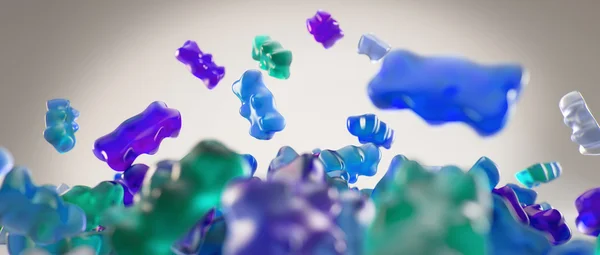Transparente azul e turquesa doce goma ursos caindo fundo — Fotografia de Stock
