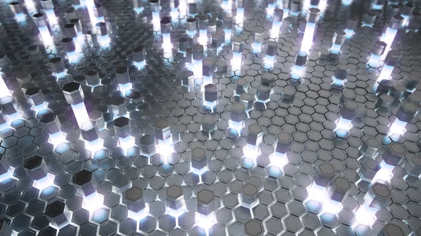 Reproduction 3D abstraite de surface futuriste avec hexagones. Éléments radioactifs du réacteur. Contexte de science-fiction. Vue du dessus . — Photo