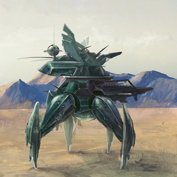 Futuristic four leg robot on lost post apocalyptic planet concept art — Stock Photo, Image