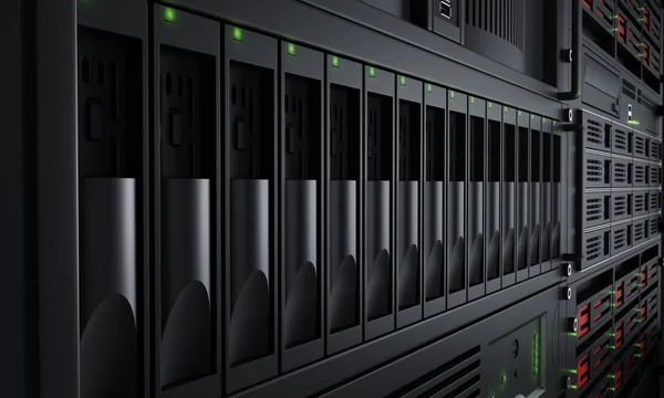 Närbild på påslagen serverrack — Stockfoto