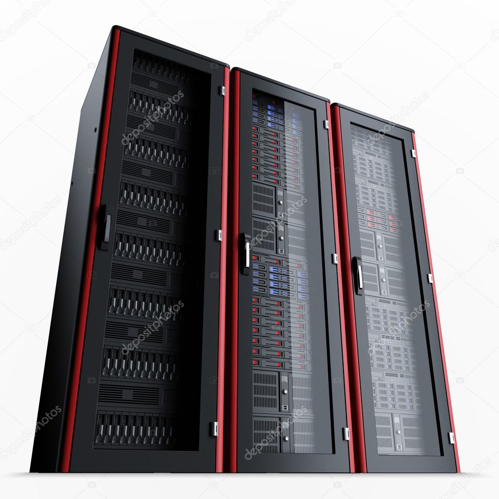 Row of three turned off server racks isolated on white background