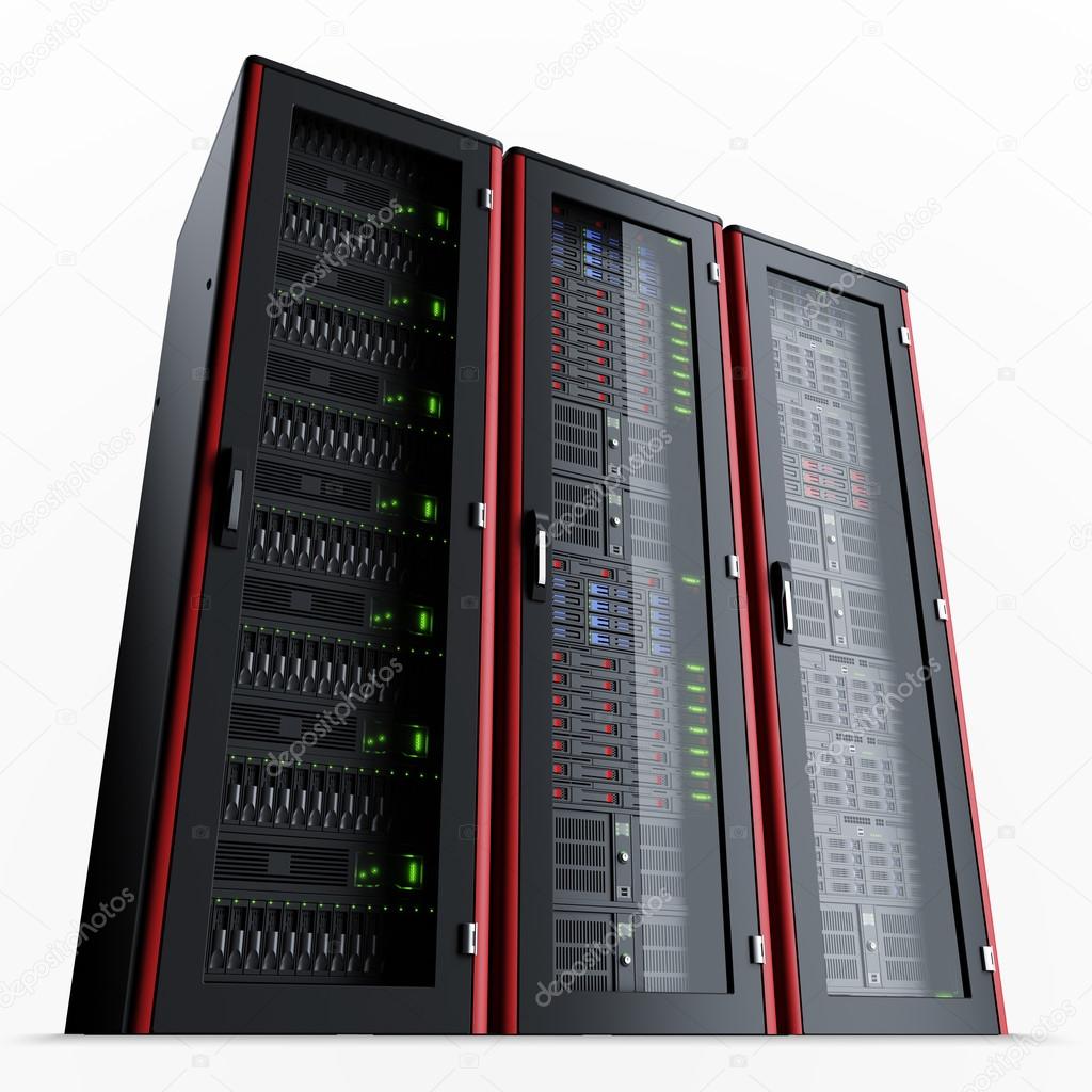 Row of three working server racks isolated on white background