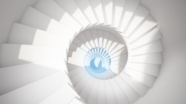 Güneş ışığı ve mavi merkezi soyut beyaz spiral merdivenler