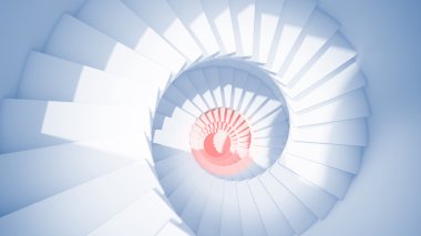 Güneş ışığı ve kırmızı merkezi soyut beyaz spiral merdivenler