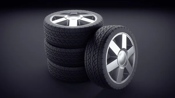 3D rendering of laying tyres on dark background. — Stock Photo, Image