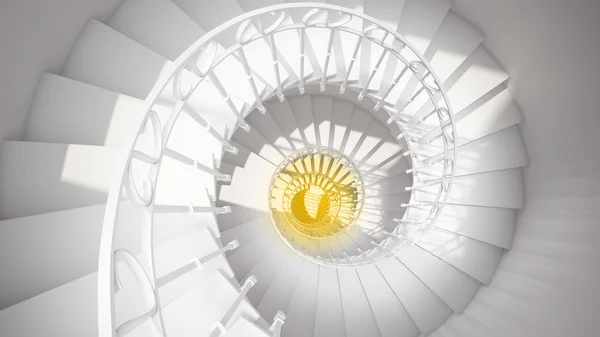 Escadas em espiral branca com trilhos em luz solar e centro amarelo abstrato — Fotografia de Stock