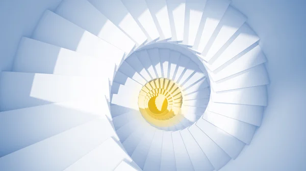 Blue spiral stairs in sun light and yellow center abstract — Stock Photo, Image