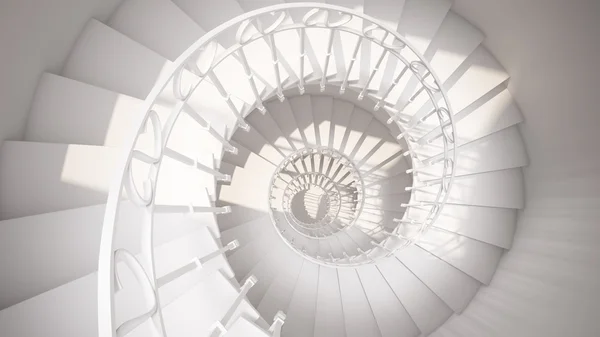 Escadas em espiral branca com trilhos em luz do sol abstrato — Fotografia de Stock