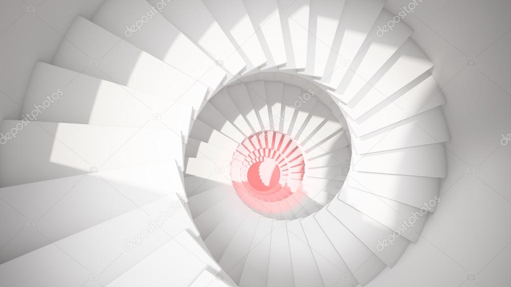 White spiral stairs in sun light and red center abstract 3d interior